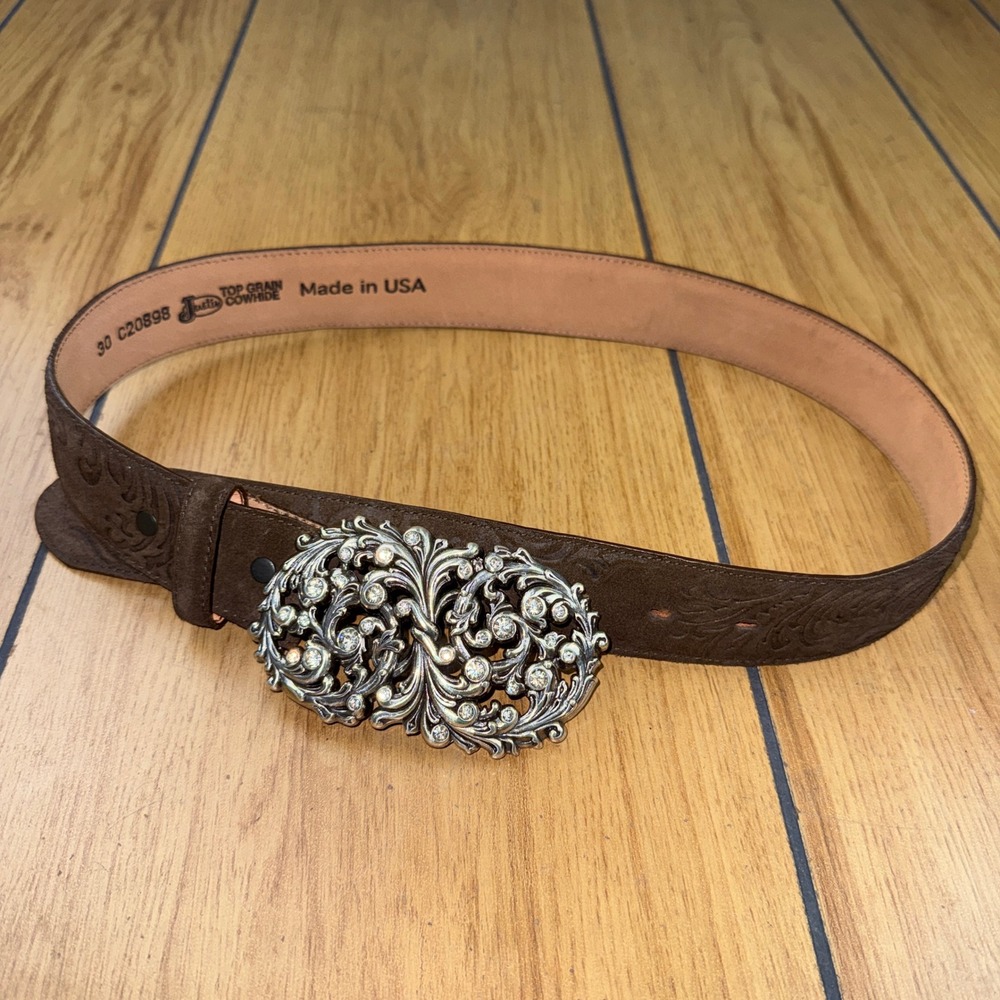Justin Womens Brown Leather Western Belt Rhinestone Filigree Buckle USA 30